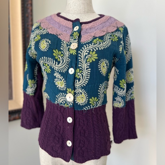 Free People Sweaters - FREE PEOPLE Will Blend Patchwork Embroidered Cardigan Abalone Shell Buttons XS/S